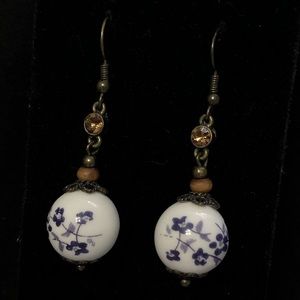 Boho Blue and white ball drop earrings